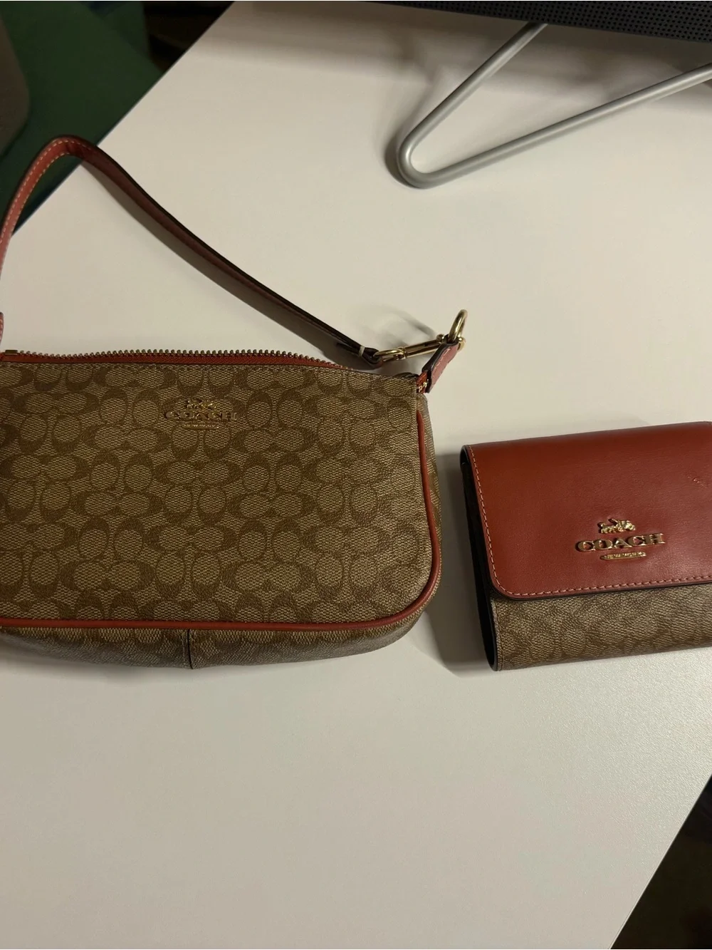 Coach Brown Signature Canvas Wristlet with Rust Leather Trim